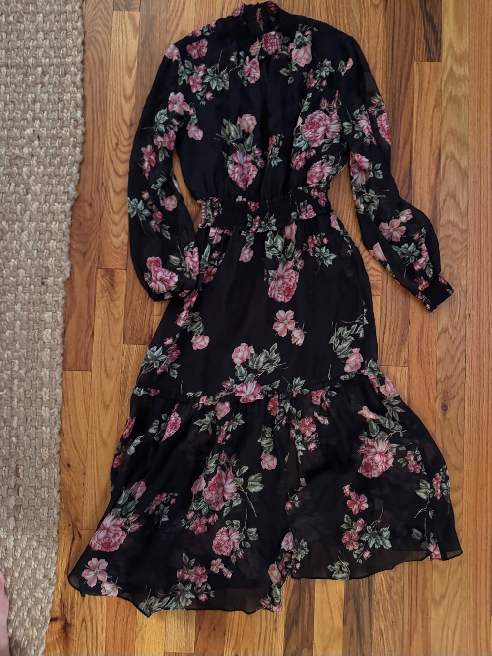INTERMIX Black Maxi Dress with Pink Floral Print